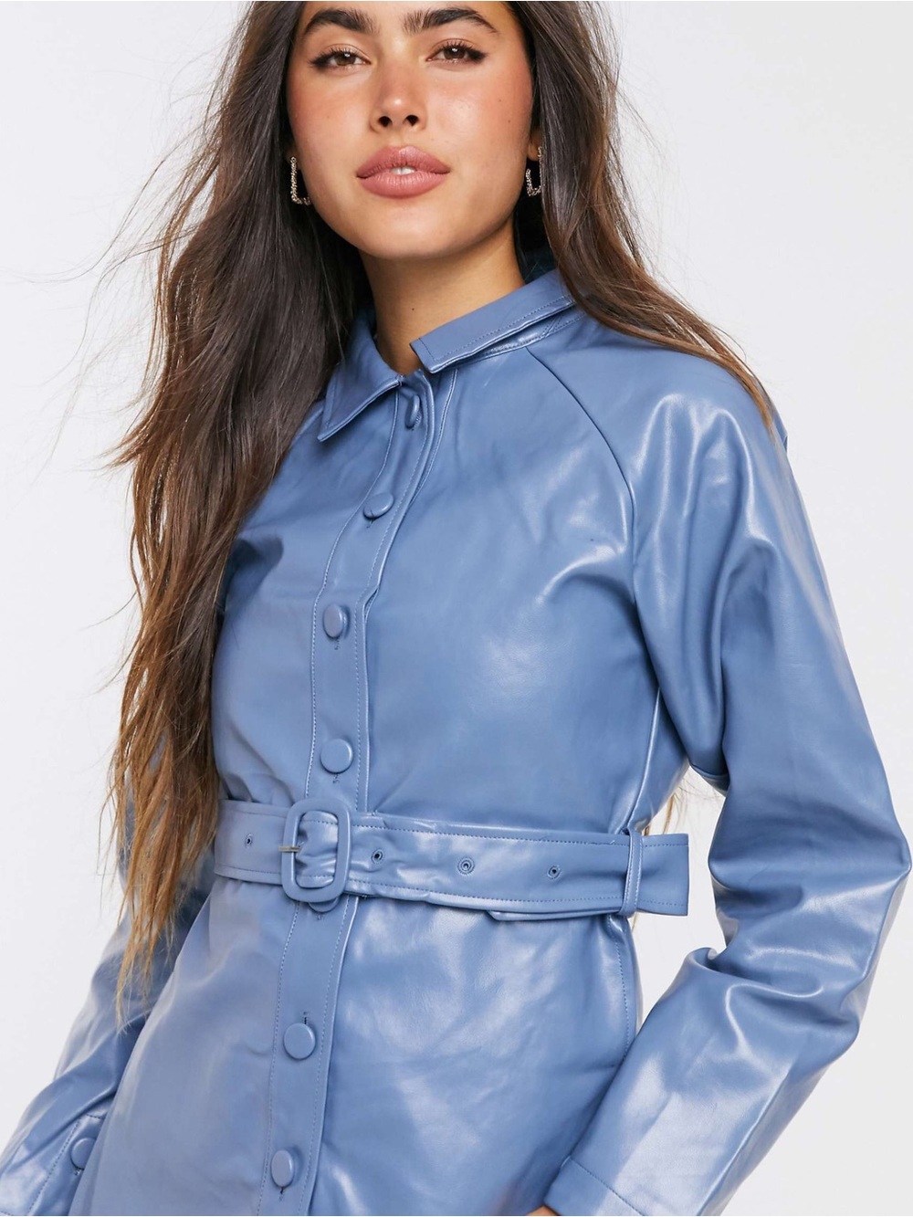 Blue Faux Leather Belted Jacket
